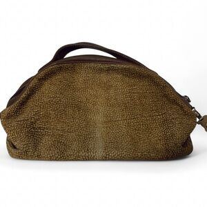 Borbonese Redwall Vintage Quail Print Suede Leather Brown Handbag